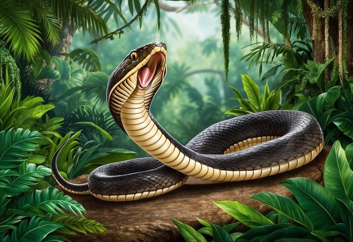 A cobra snake poised to strike in a lush jungle setting