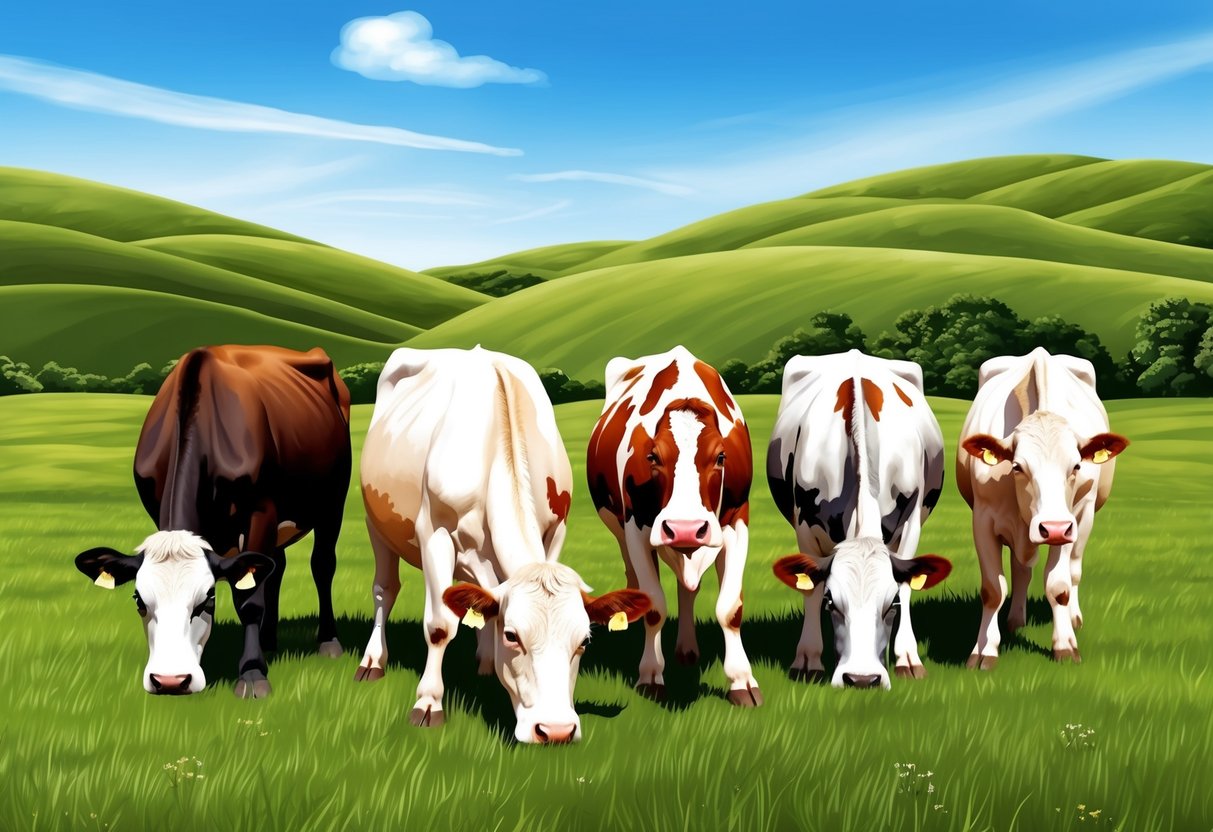 Cows grazing in a lush green pasture with rolling hills and a clear blue sky overhead