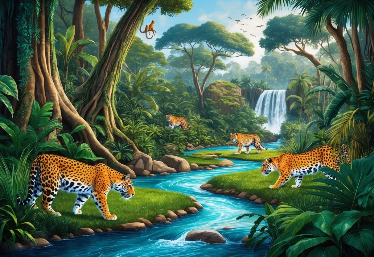 A lush jungle with towering trees and a flowing river, where big cats prowl and hunt for prey