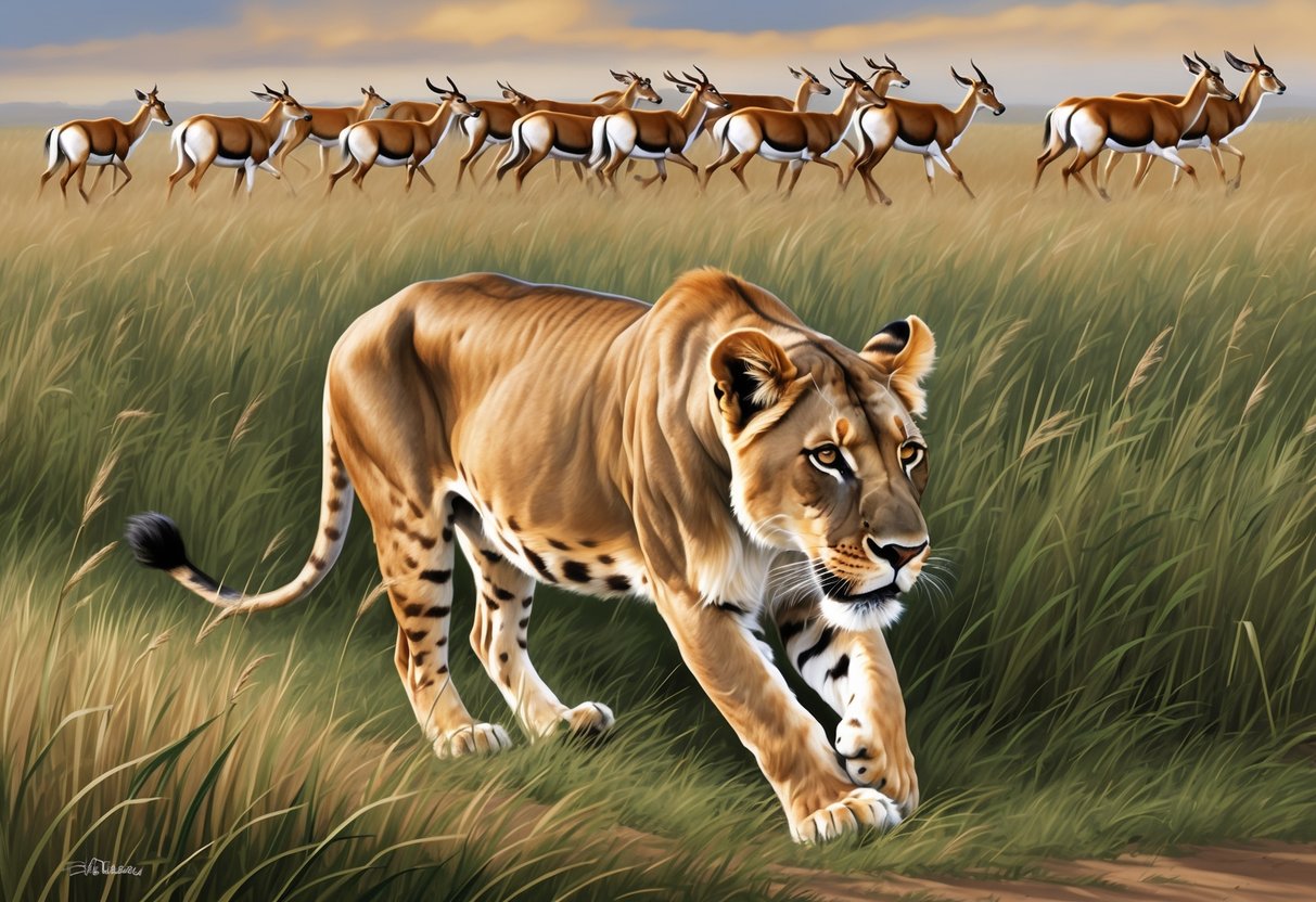 A lioness stalks through tall grass, eyes fixed on a herd of antelope.</p><p>She crouches low, muscles tense, ready to pounce