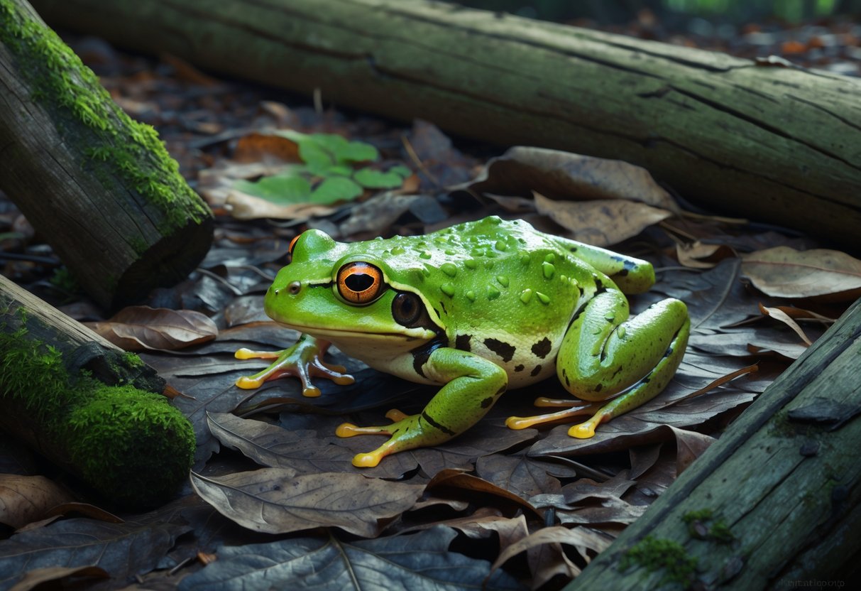 A frog nestled in a damp, leaf-covered forest floor, surrounded by fallen logs and moss-covered rocks