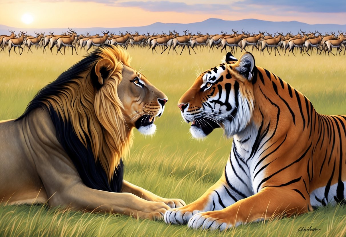 A lion and a tiger facing each other in a grassy savannah, with a herd of gazelles in the distance