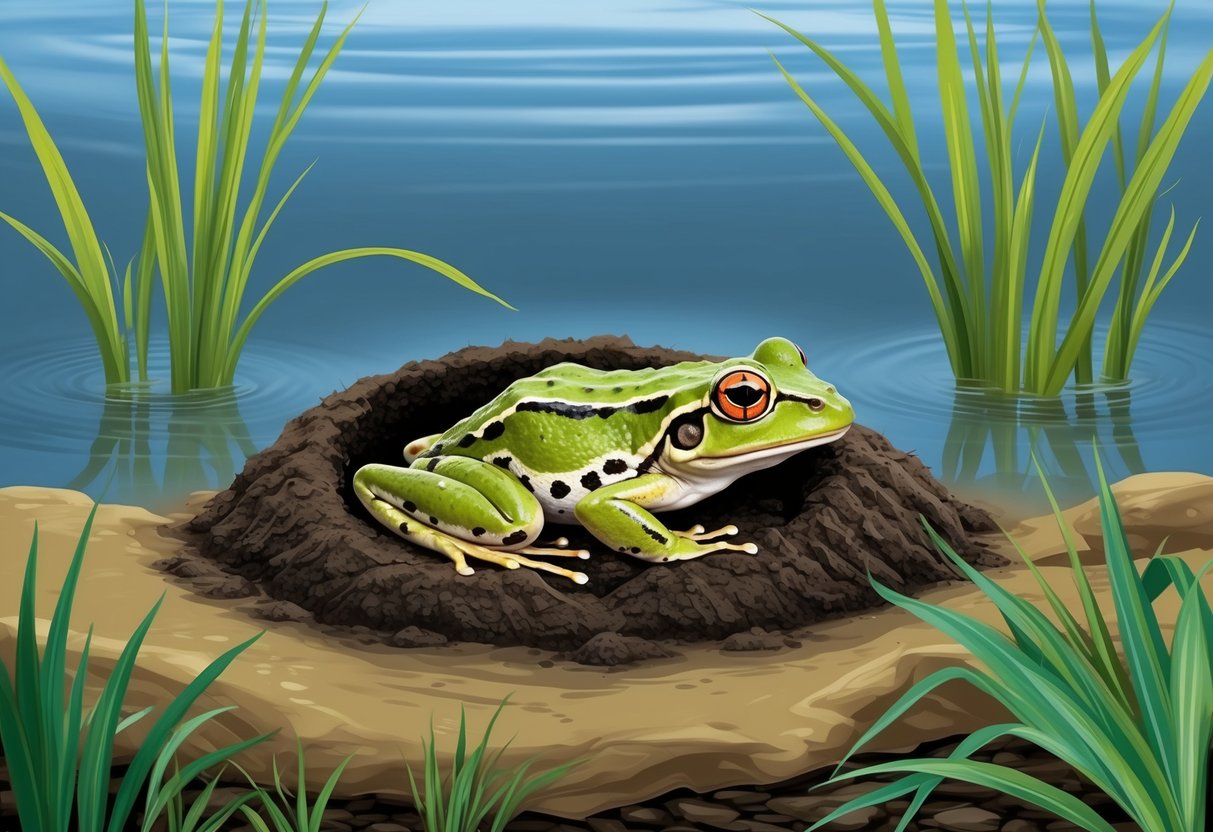 A frog nestled in the mud at the bottom of a pond, surrounded by still water and aquatic plants, as it enters hibernation to survive the cold winter