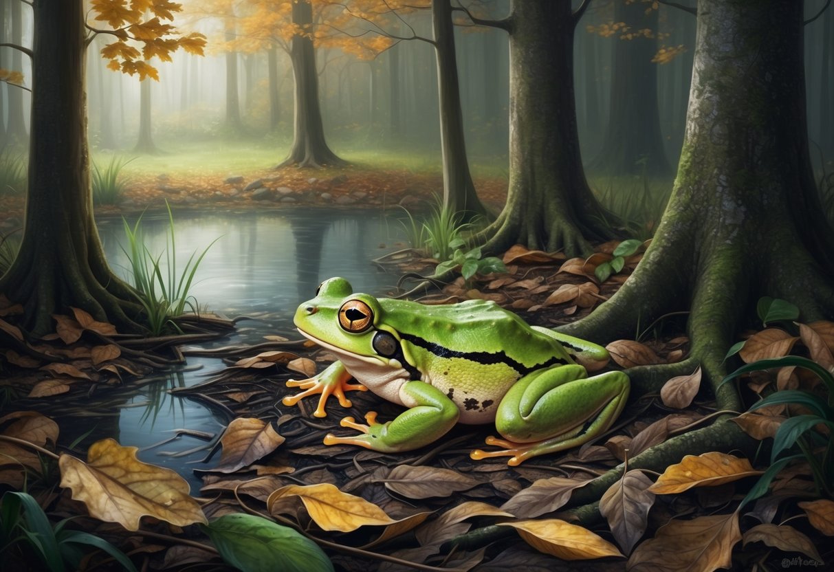 A frog nestled in a damp, leaf-covered forest floor, surrounded by a small pond and tall trees, as the cool autumn air settles in