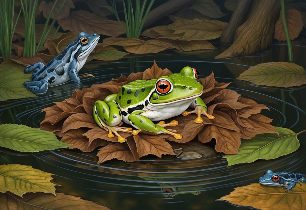 A frog nestled in a leaf-covered pond, surrounded by lurking predators and hidden dangers during hibernation