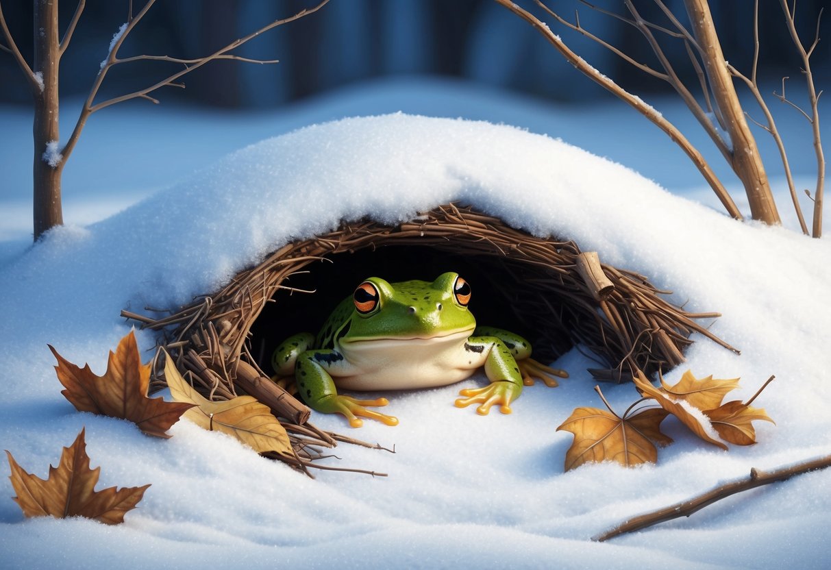 A frog nestled in a cozy burrow, surrounded by fallen leaves and twigs.</p><p>A soft blanket of snow covers the ground, creating a peaceful winter scene