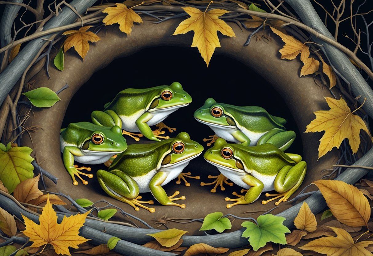 A group of frogs nestled in a cozy burrow, surrounded by fallen leaves and twigs.</p><p>The scene is peaceful and serene, with the frogs in various stages of hibernation