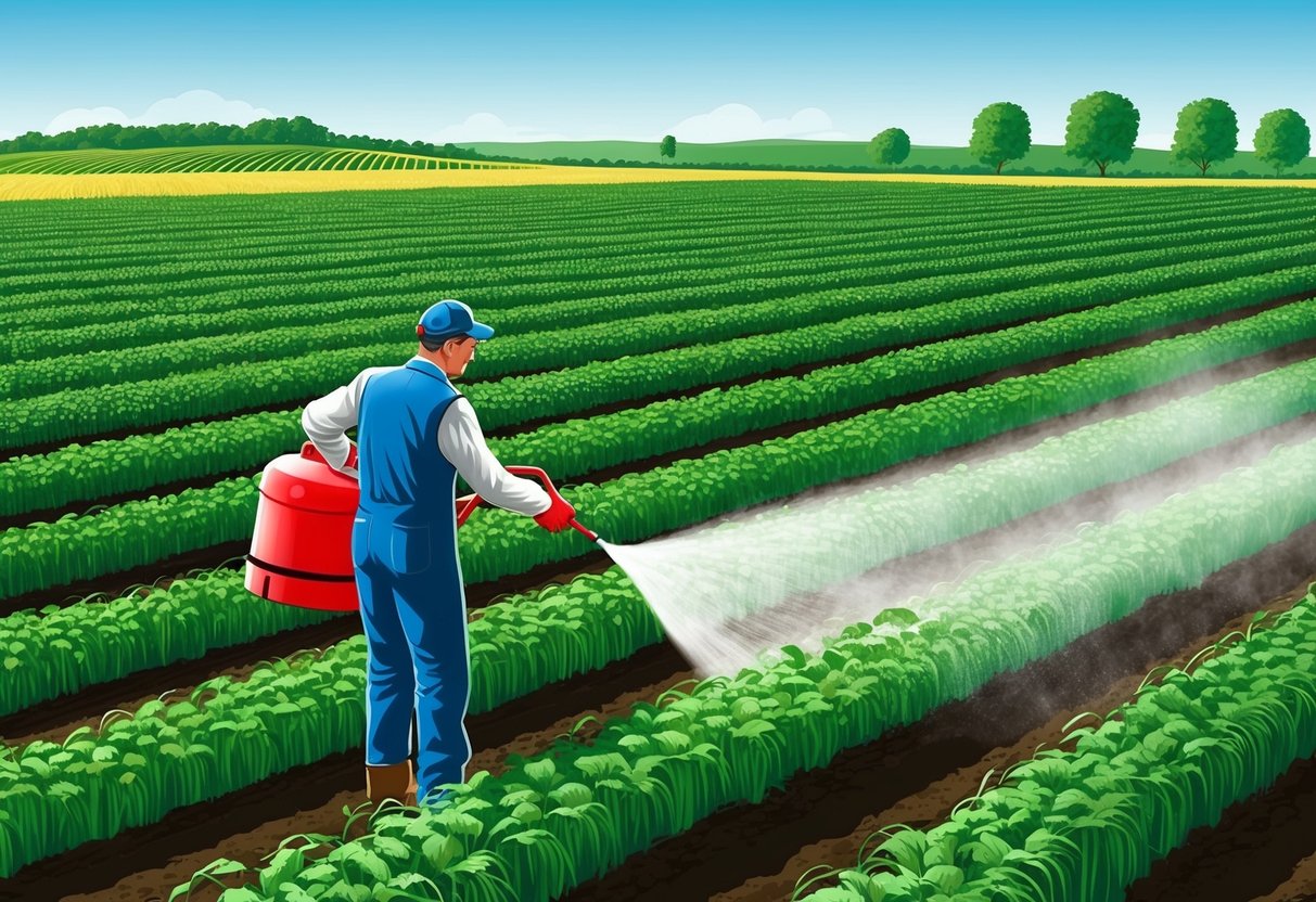 A farmer spraying DDT on crops in a modern agricultural field