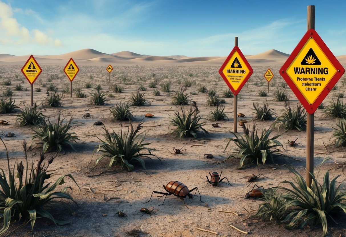 A barren landscape with wilted plants and dead insects, surrounded by warning signs