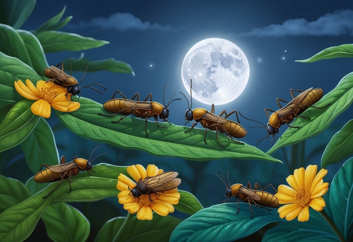 A group of insects resting on leaves and flowers under the moonlight, surrounded by stillness and tranquility