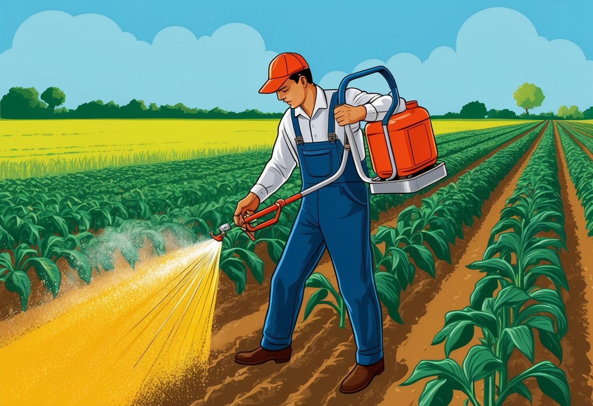 A farmer spraying DDT on crops with a vintage handheld pesticide sprayer