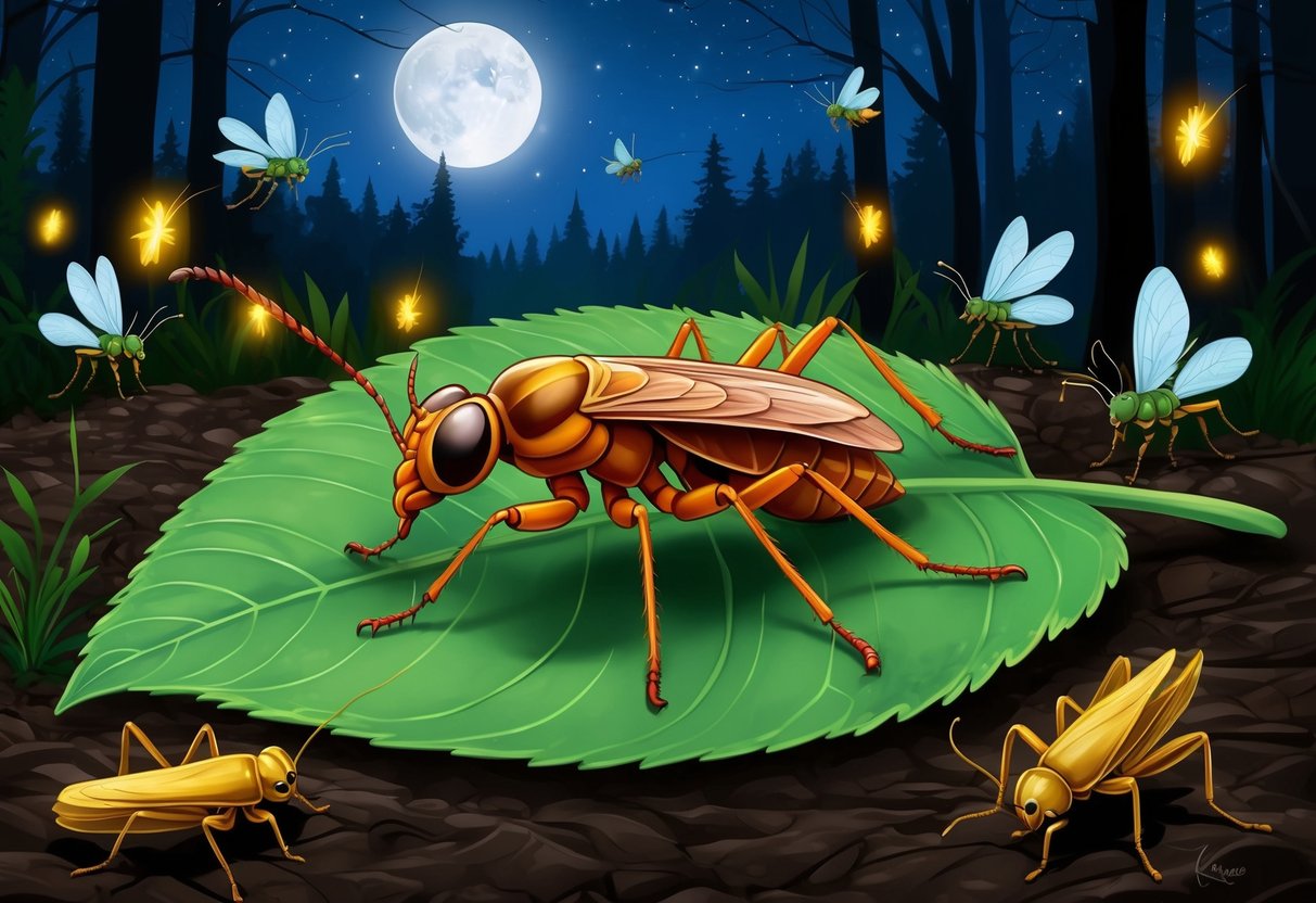 An insect rests on a leaf, surrounded by buzzing fireflies and chirping crickets in a moonlit forest clearing