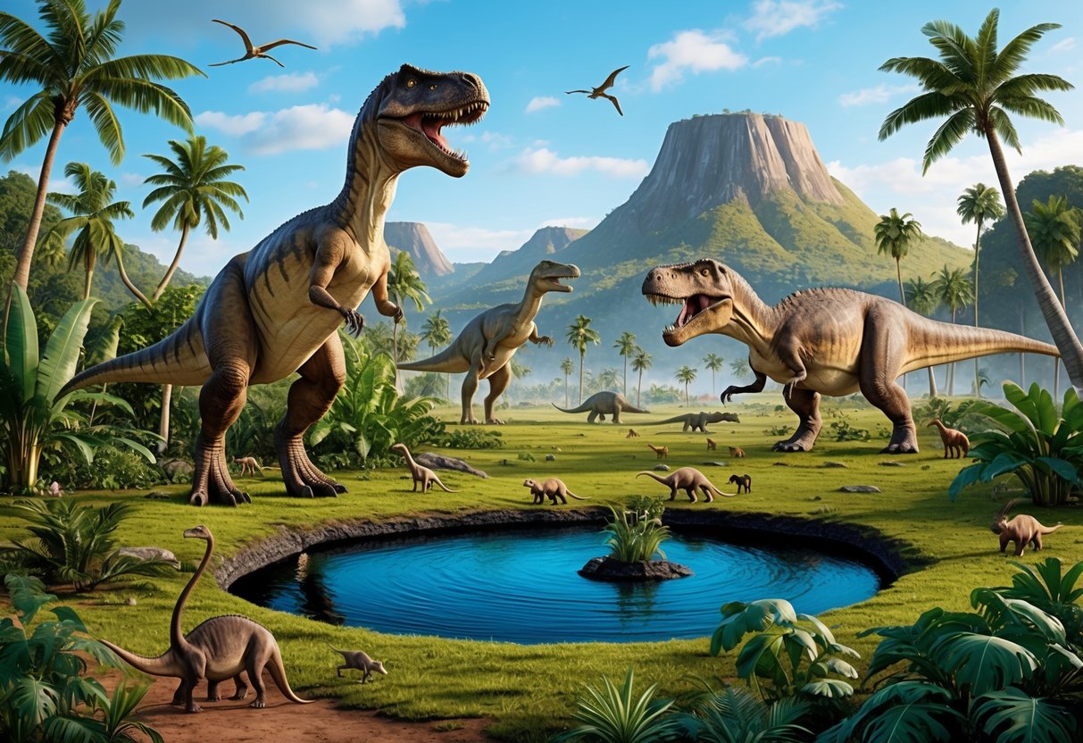 A prehistoric landscape with towering dinosaurs, lush vegetation, and a bubbling tar pit