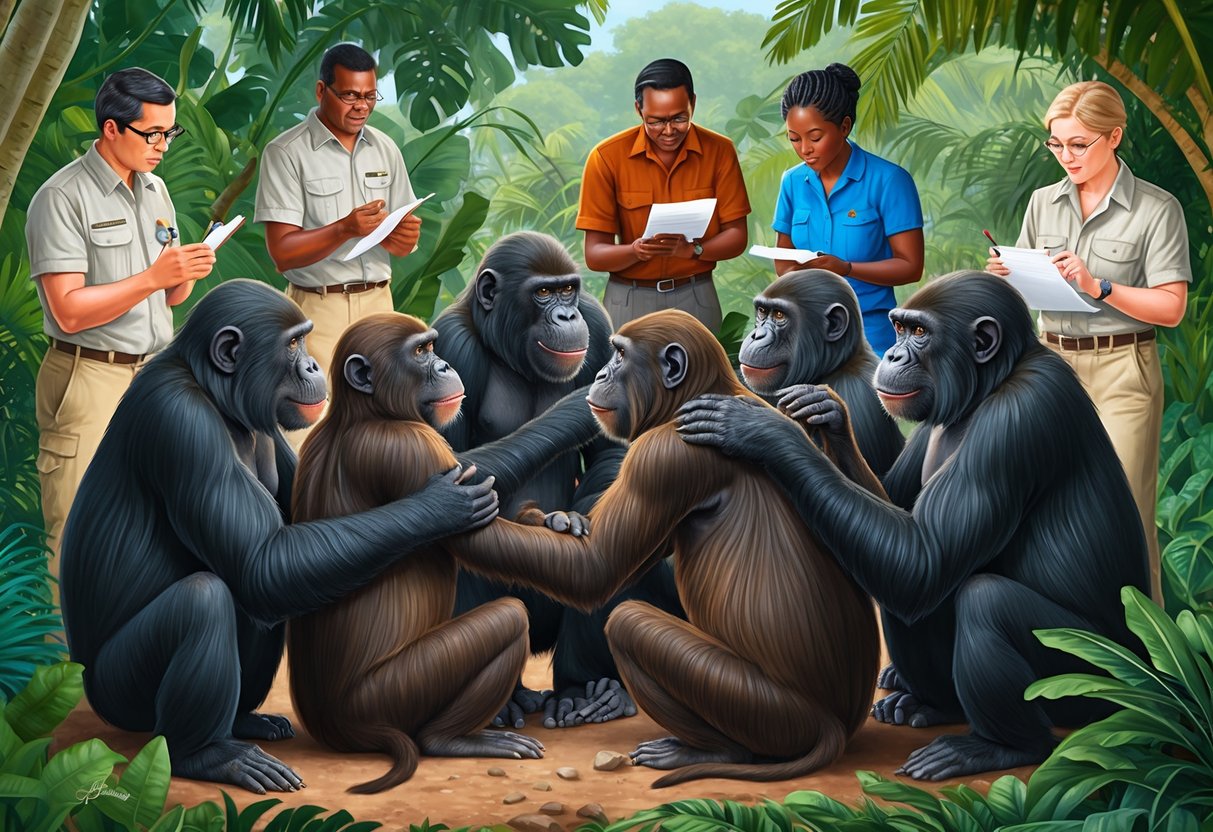 A group of bonobos engaging in sexual behavior, surrounded by researchers taking notes and observing their interactions in a natural habitat