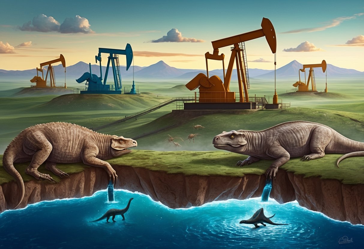 A prehistoric landscape with ancient creatures decomposing into the earth, while modern oil rigs extract fossil fuels from deep beneath the surface