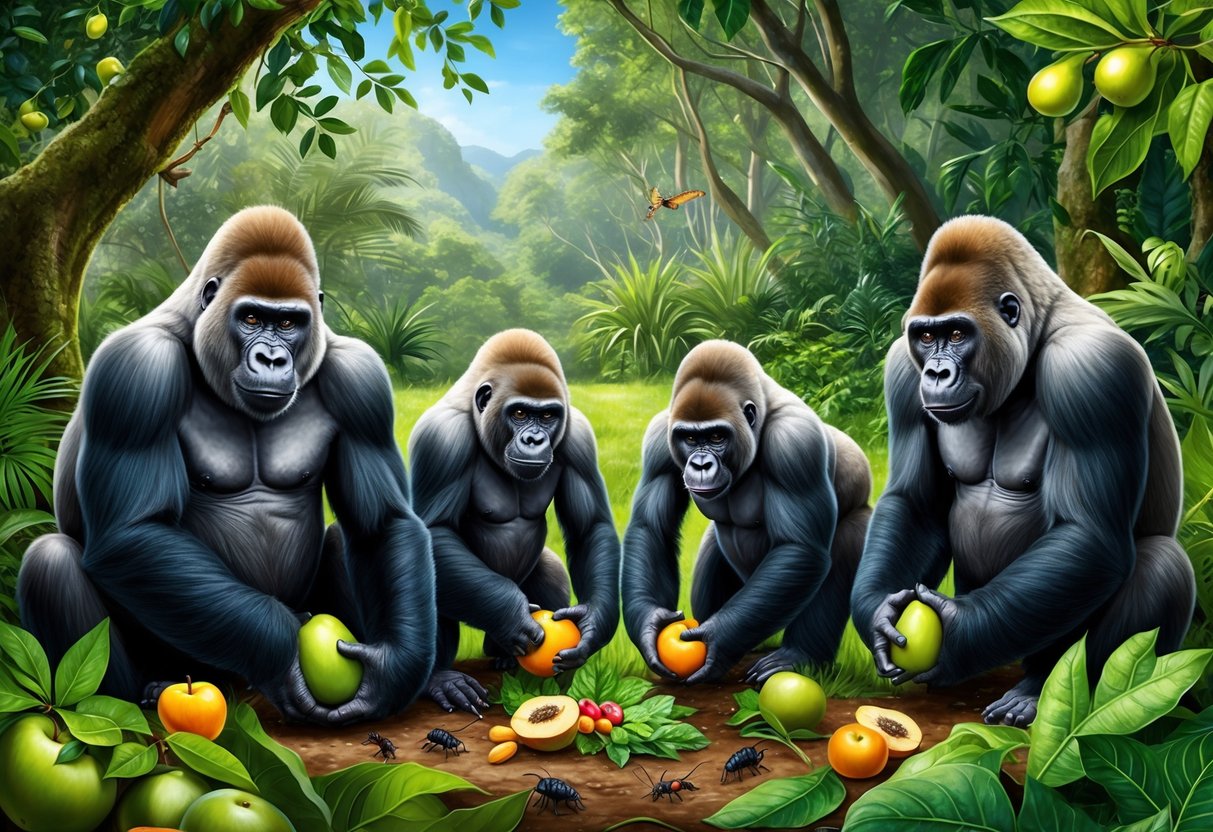 A family of gorillas foraging for fruits, leaves, and insects in the lush forest