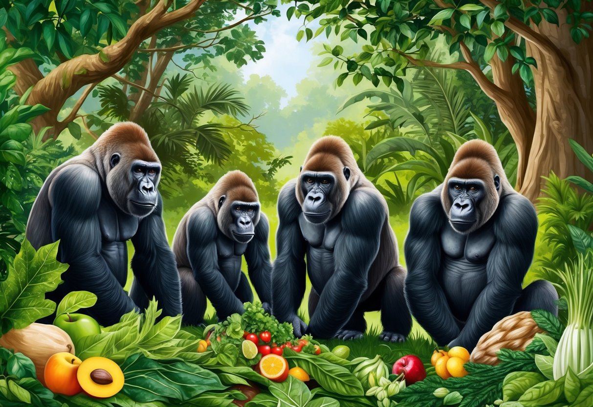 A group of gorillas foraging in a lush forest, munching on leaves, fruits, and vegetables, while showing no interest in meat