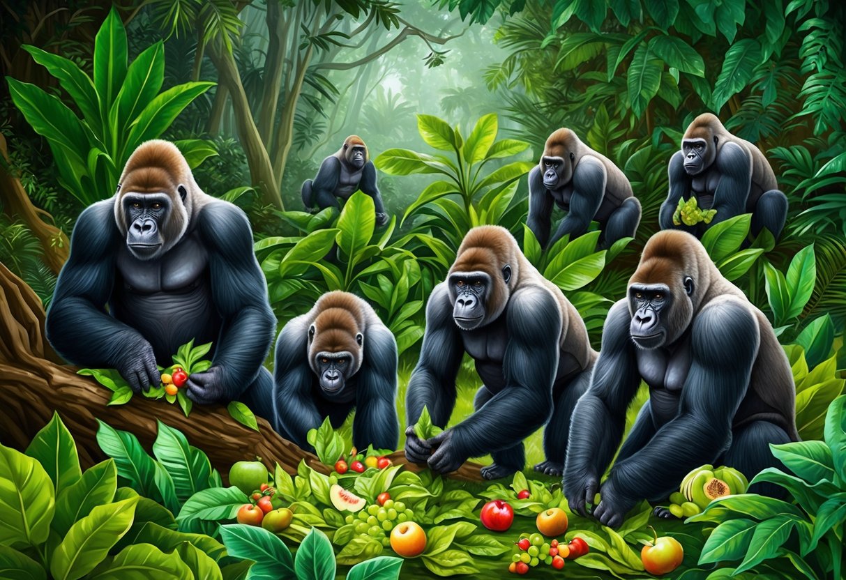 A group of gorillas foraging for fruits, leaves, and plants in a lush, dense forest habitat