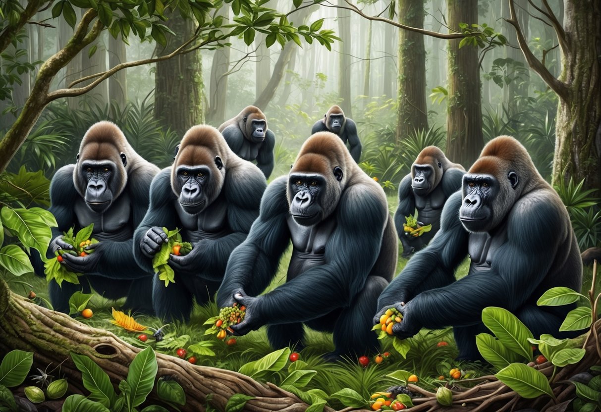 A group of gorillas forage for food in the dense forest, picking and eating leaves, fruits, and insects from the trees and bushes