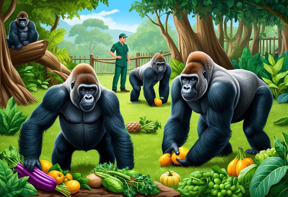 Gorillas forage for fruits and vegetables in a lush, forested enclosure, while a zookeeper observes from a distance