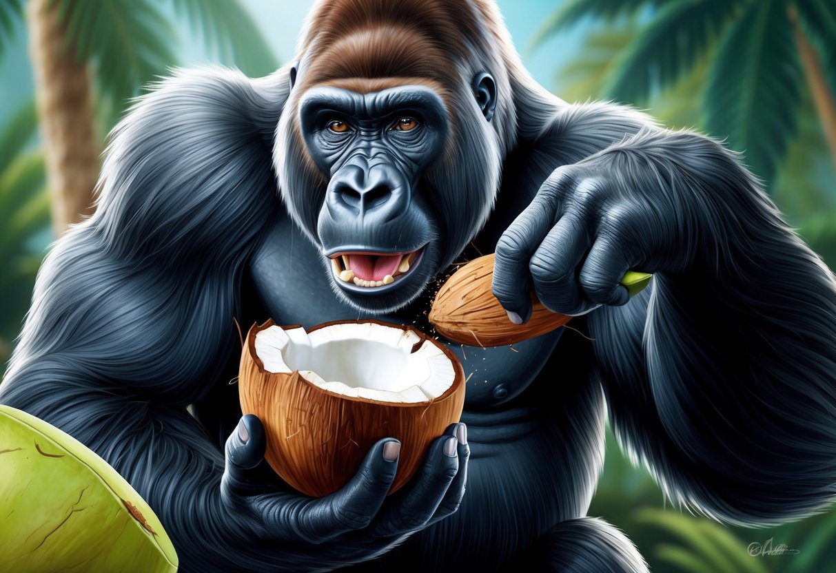 A gorilla using its strong arms to break open a coconut to access the meat inside