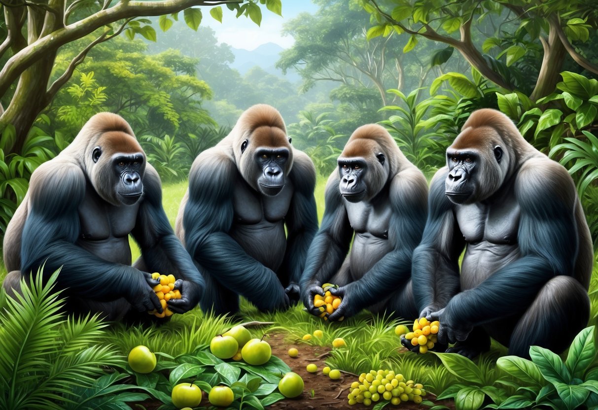 A group of gorillas in a lush, forested area, foraging for fruits and plants, with a dominant male overseeing the social structure