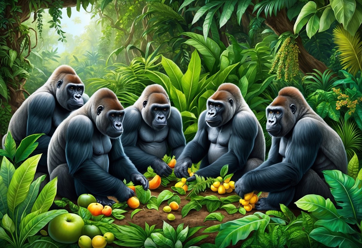 A group of gorillas foraging for fruits, leaves, and plants in a lush, green jungle setting with a diverse array of vegetation