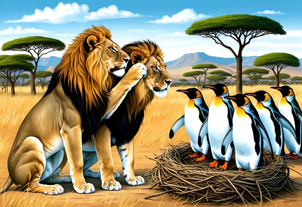 Two male lions grooming each other in the savannah, while a group of male penguins build a nest together