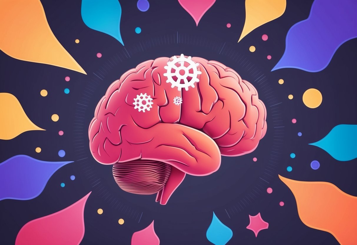 A brain with gears turning, surrounded by colorful abstract shapes representing emotions