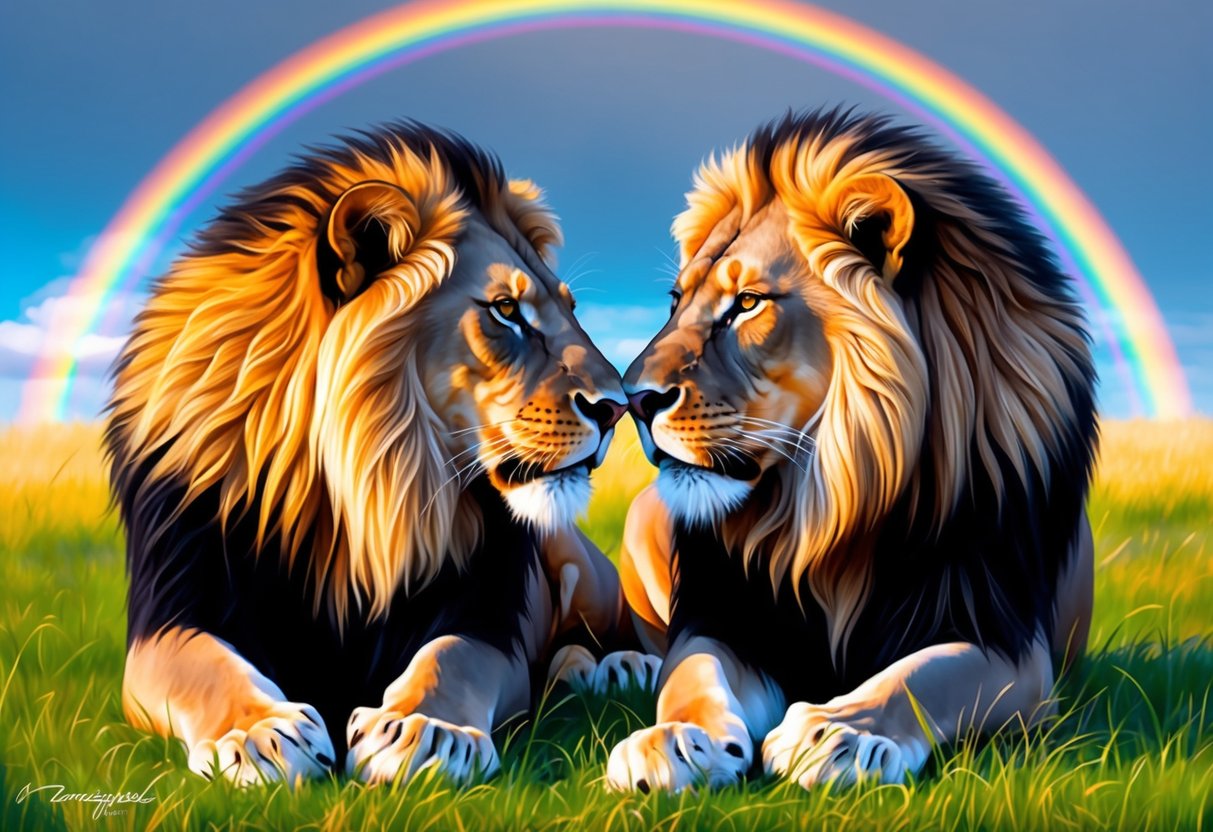 Two male lions nuzzling affectionately in the grass, with a rainbow in the sky above