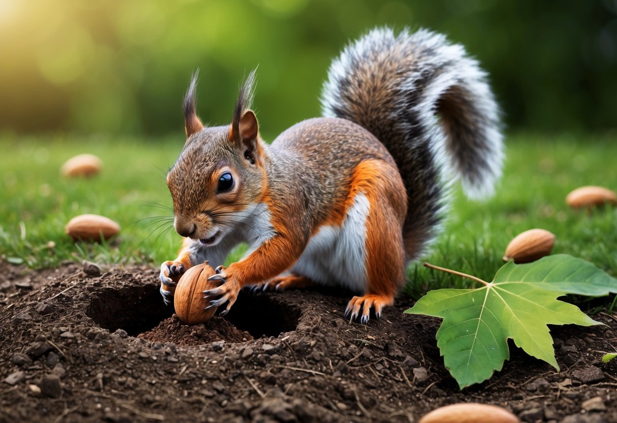 A squirrel digs a hole in the ground, carefully placing a nut inside before covering it up with dirt and leaves