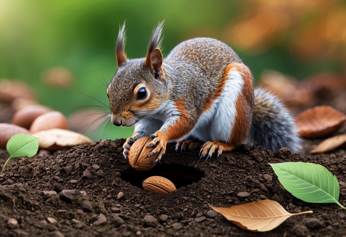 A squirrel digs a small hole in the ground, carefully placing a nut inside before covering it with dirt and leaves