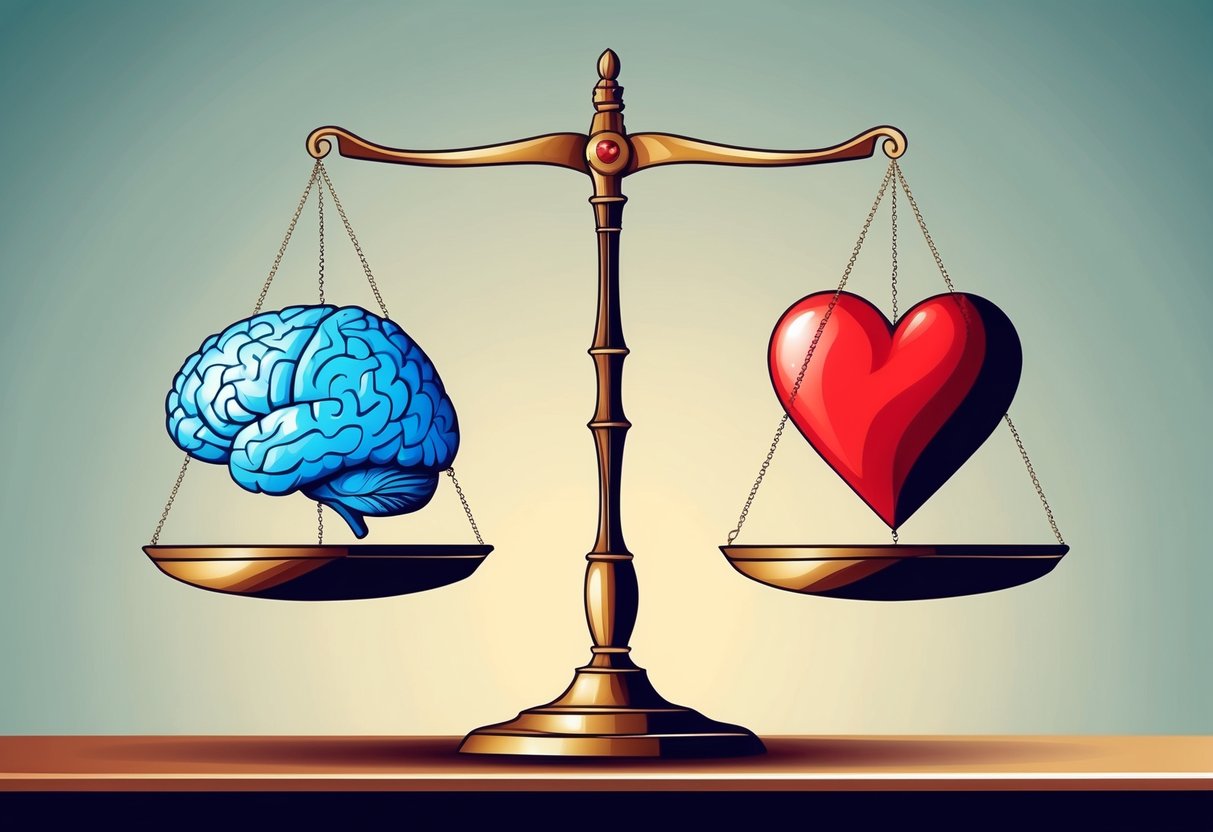 A scale with a brain on one side and a heart on the other, balancing equally