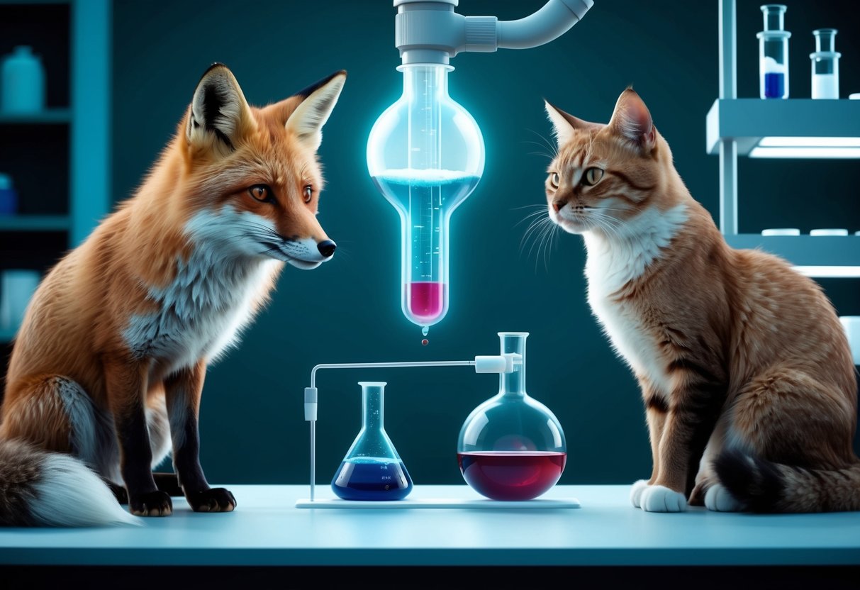 A fox and a cat observe a scientific research experiment in a laboratory