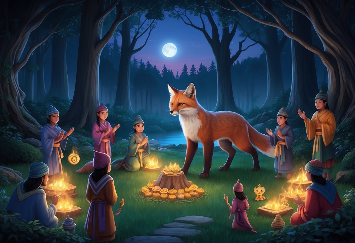 A mystical forest at dusk, where a cat-fox creature is revered by local villagers, surrounded by offerings and symbols of ancient lore