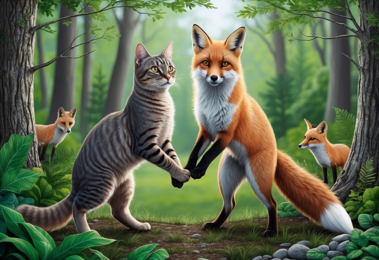 A cat and a fox stand side by side in a lush green forest, surrounded by trees and wildlife.</p><p>They appear to be engaged in a peaceful interaction, symbolizing conservation efforts