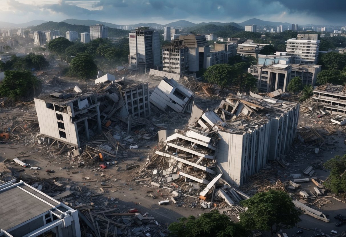 A devastated cityscape in the Philippines after an earthquake, with collapsed buildings and debris scattered across the area