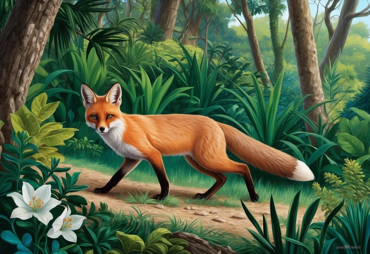 A Corsican cat fox prowls through a lush forest, surrounded by native flora and fauna.</p><p>The creature's sleek fur blends seamlessly with the vibrant greenery