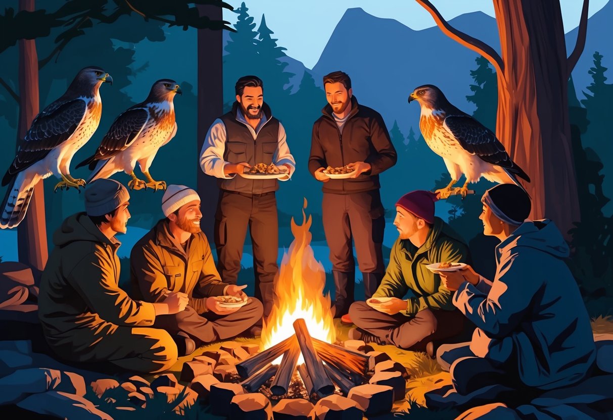 A group of humans and hawks gather around a campfire, exchanging food and companionship