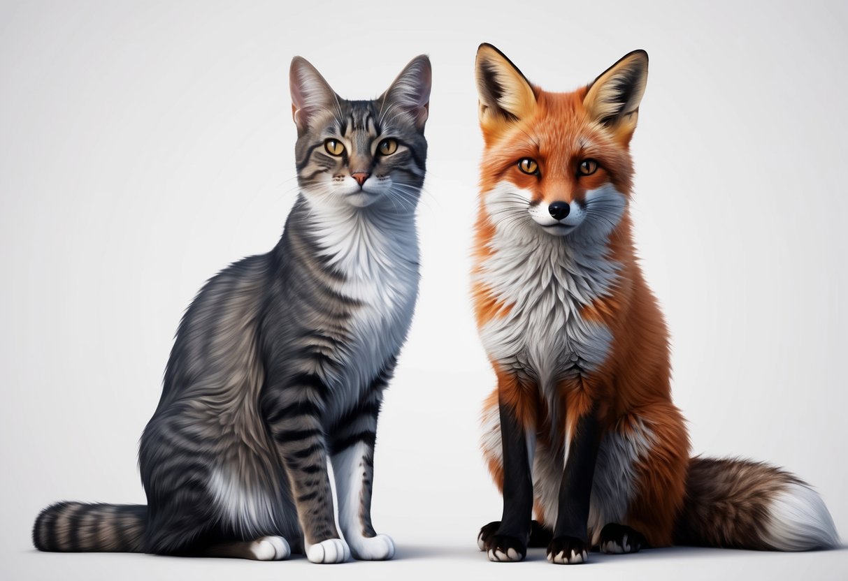 A cat and a fox stand side by side, their features blending together in a seamless mix of fur, ears, and tail