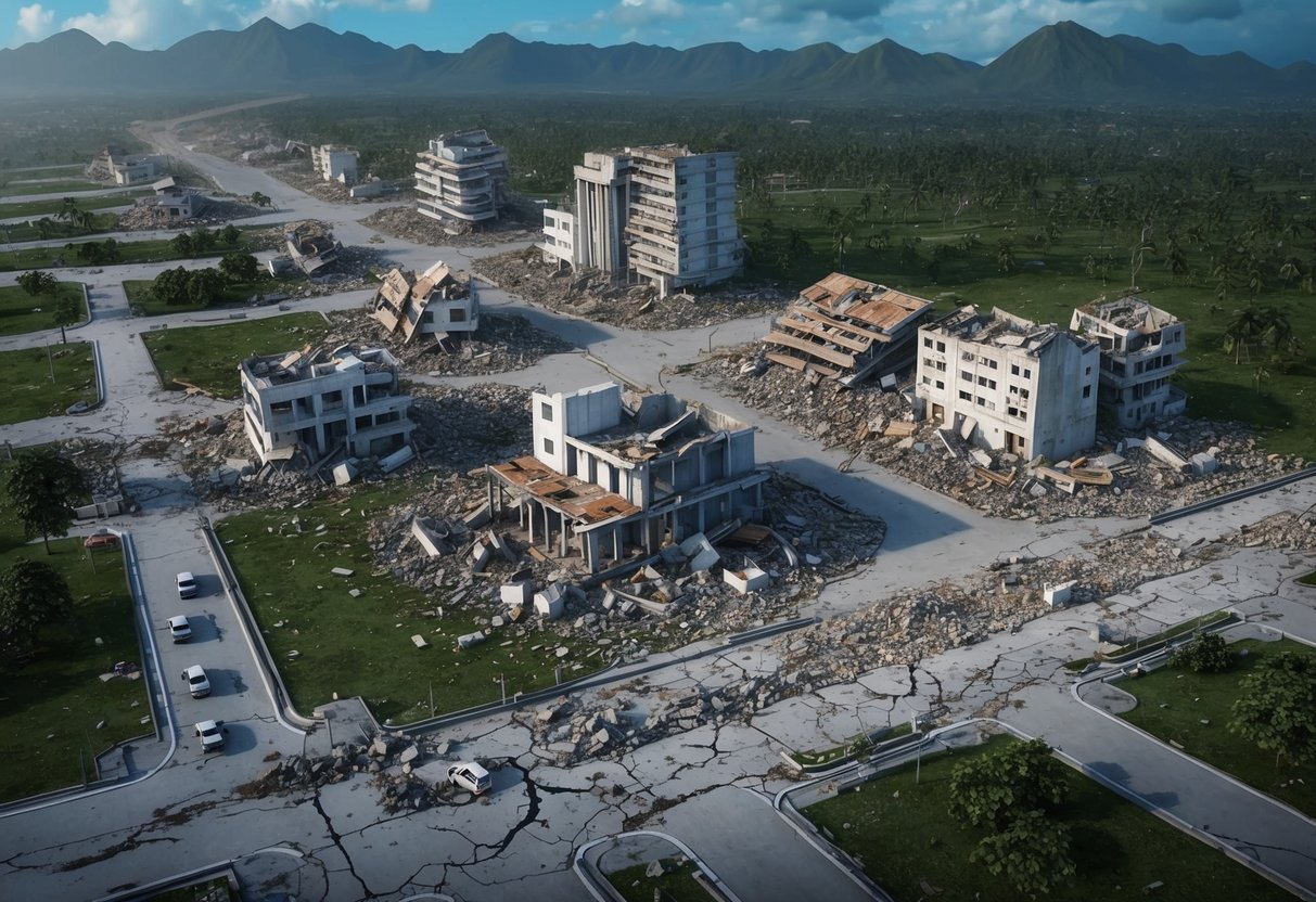 A devastated landscape in the Philippines, with collapsed buildings, cracked roads, and rubble from recent significant earthquakes