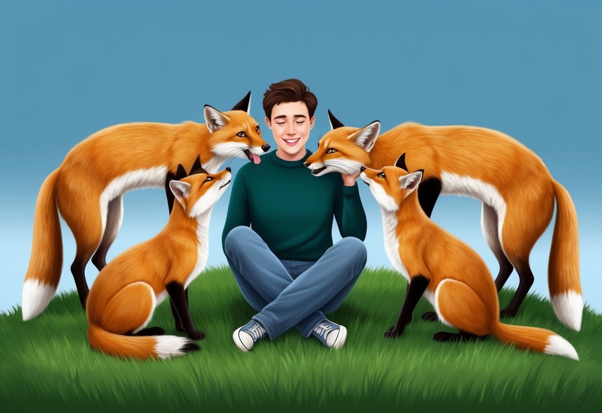 A person sitting on a grassy hill, surrounded by curious cat-foxes.</p><p>The cat-foxes are playfully interacting with the person, sniffing and nuzzling