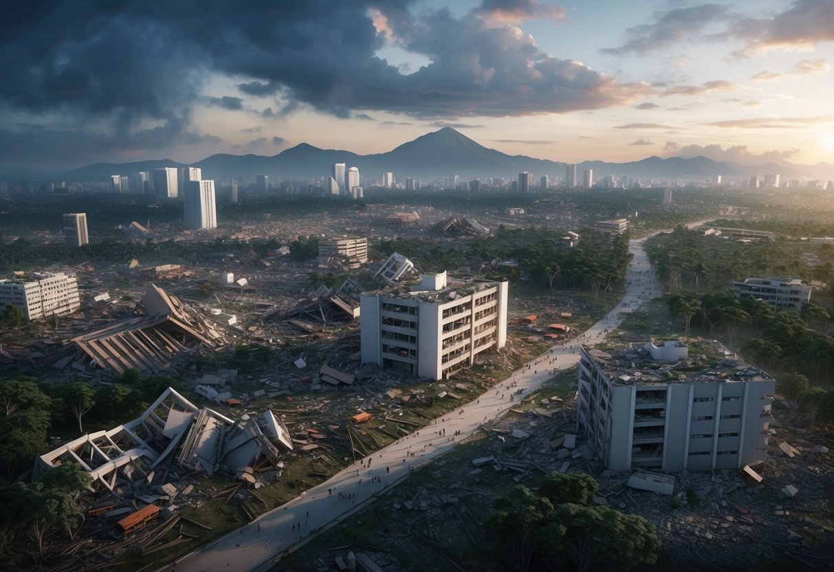 A devastated landscape in the Philippines after a powerful earthquake, with collapsed buildings and infrastructure