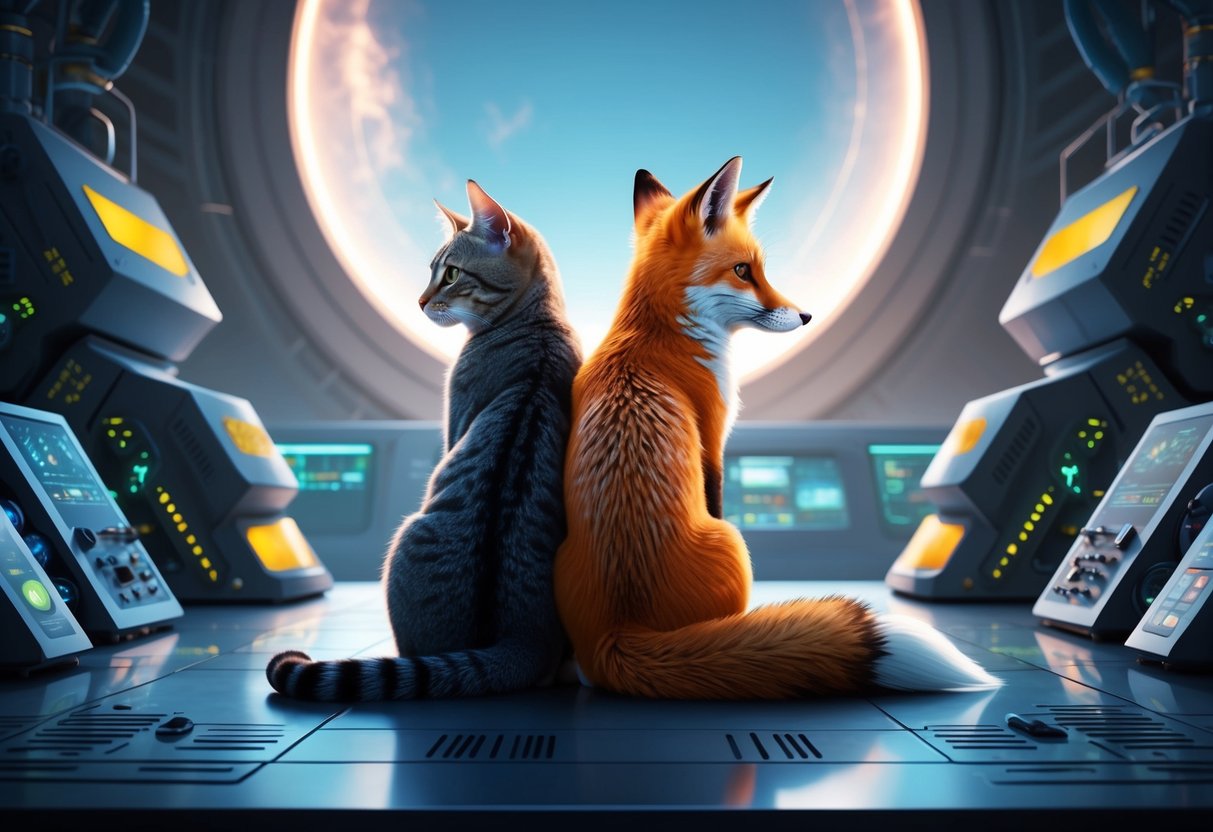 A cat and a fox sit side by side, gazing into the distance, surrounded by futuristic research equipment and technology