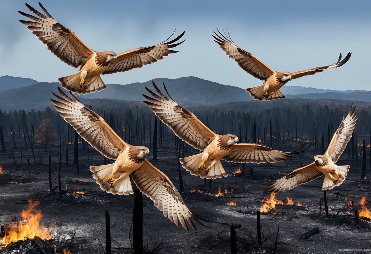 A group of fire hawks soar above a charred landscape, their sharp eyes scanning for prey amidst the aftermath of a recent wildfire