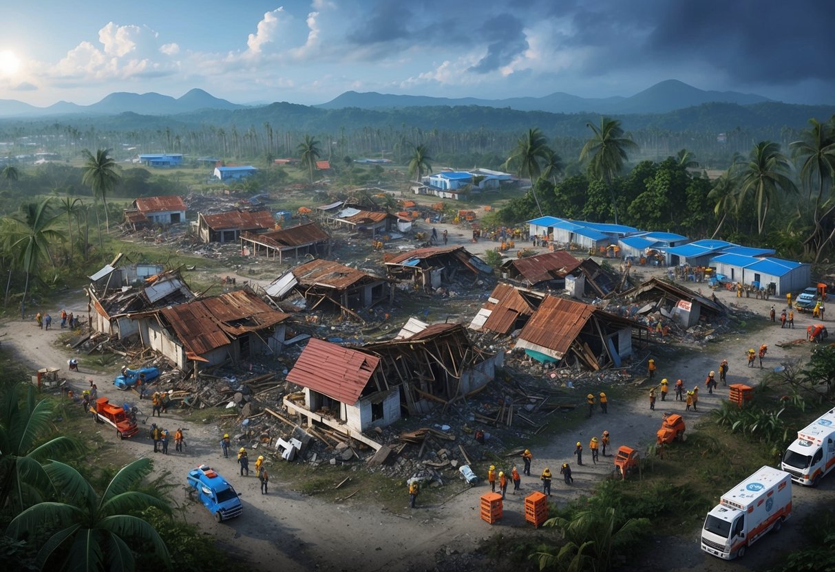 A destroyed village in the Philippines, with collapsed buildings and infrastructure, surrounded by emergency response teams and aid distribution