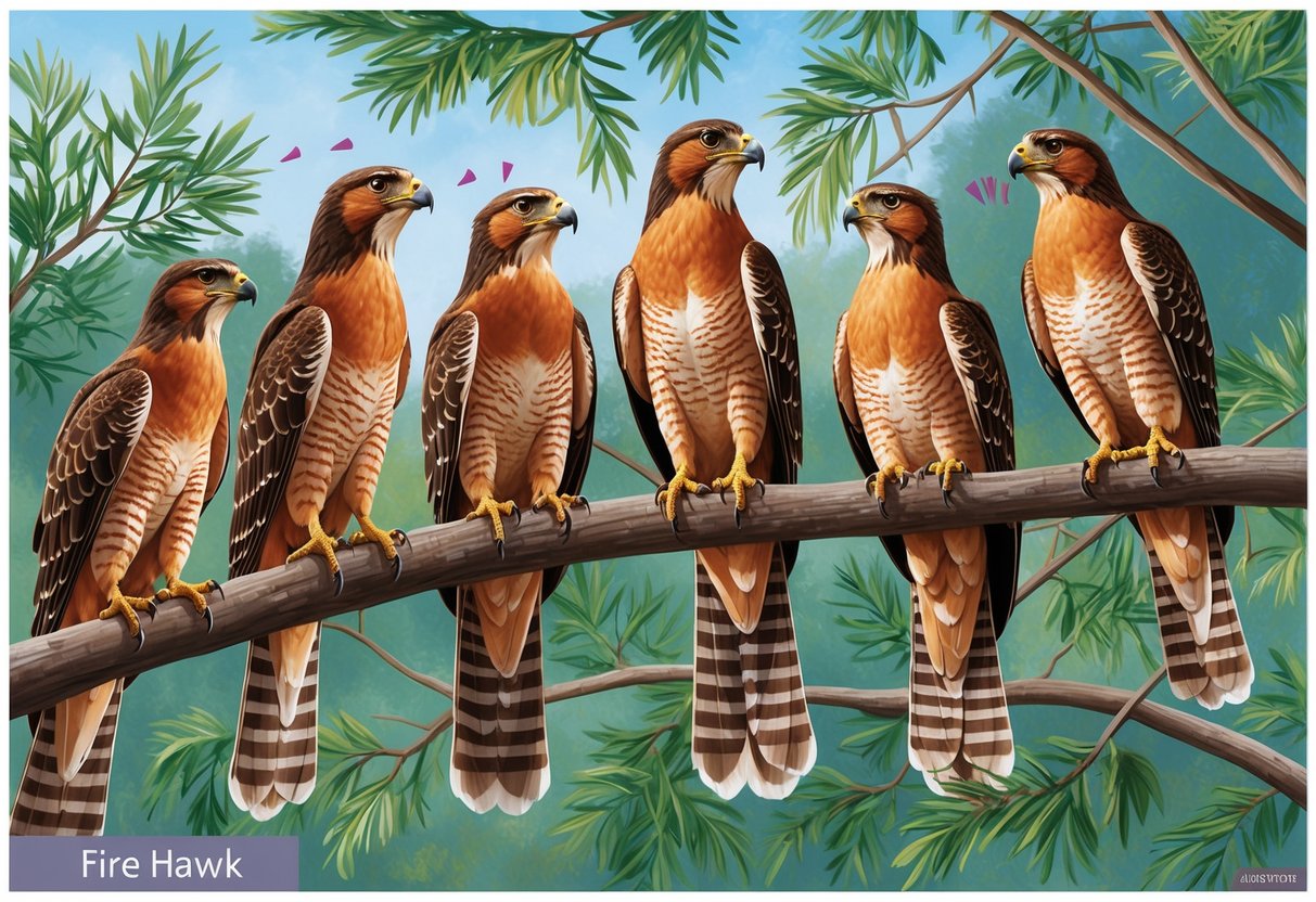 A group of fire hawks perched on tree branches, communicating through a series of calls and body movements, displaying their social dynamics