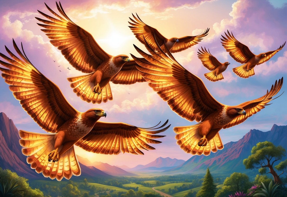 A group of majestic fire hawks soar above a vibrant landscape, their fiery feathers glowing in the sunlight as they symbolize cultural significance and folklore