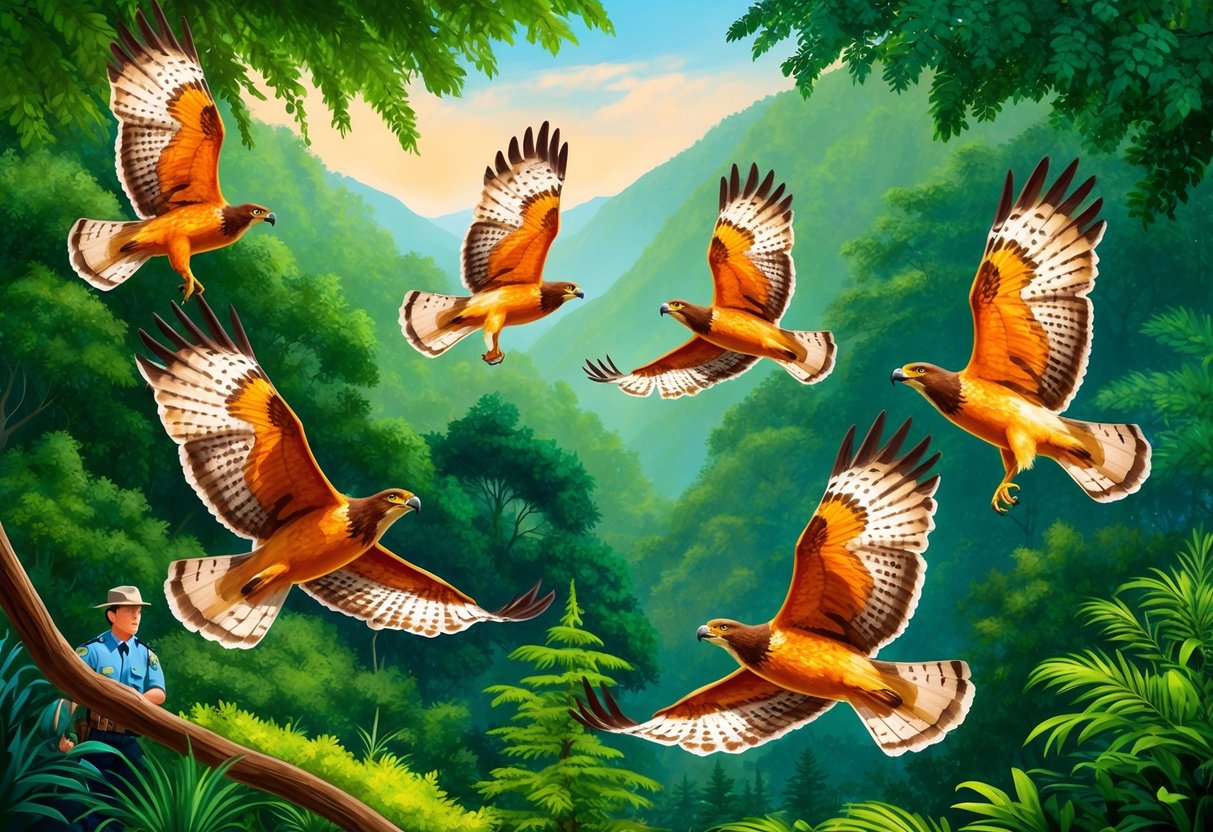 A group of fire hawks soar above a lush forest, their vibrant plumage contrasting against the green canopy.</p><p>A ranger watches from below, ensuring their safety