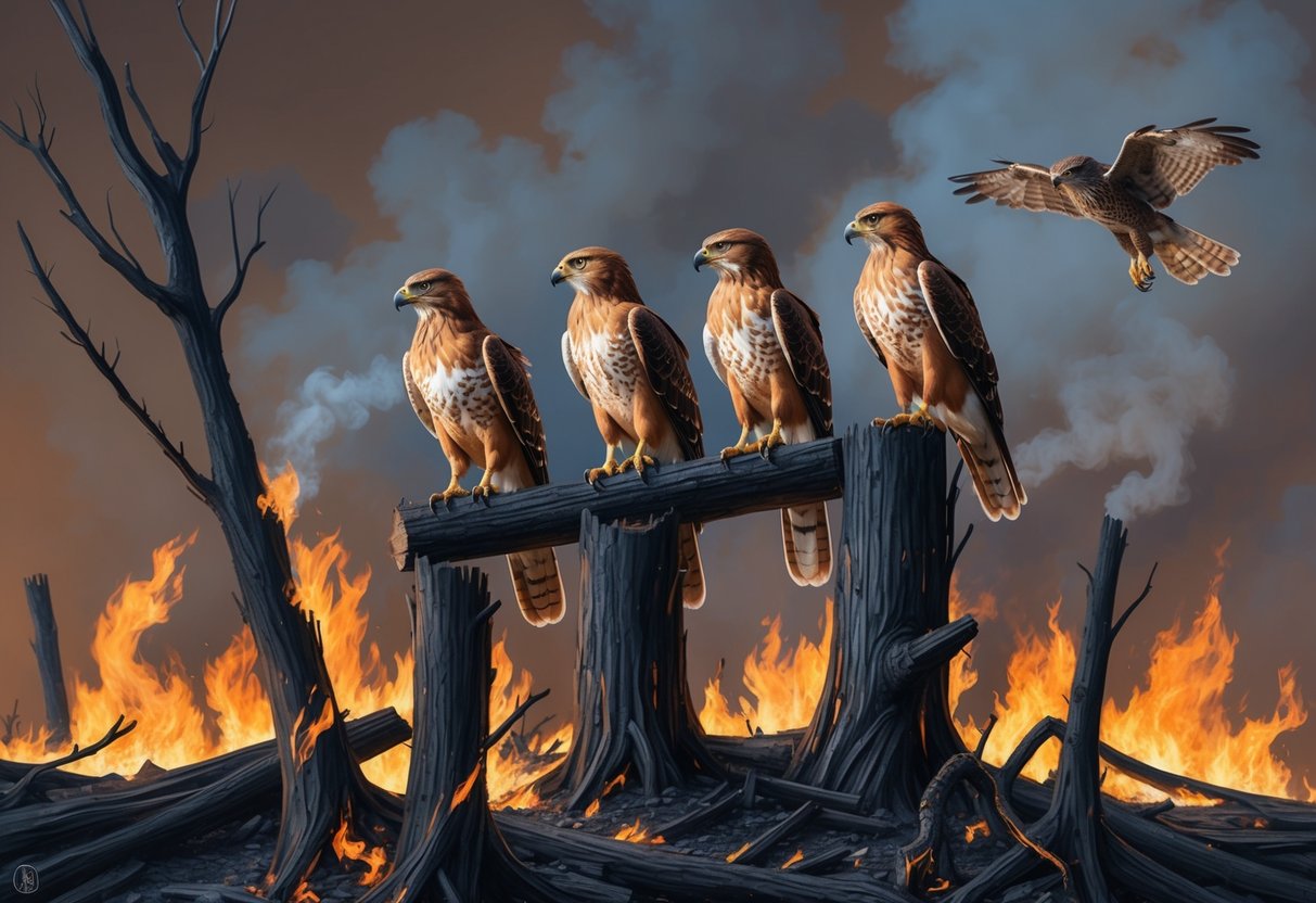 A group of fire hawks perched on charred trees, surrounded by flames and smoke, with a menacing predator lurking nearby